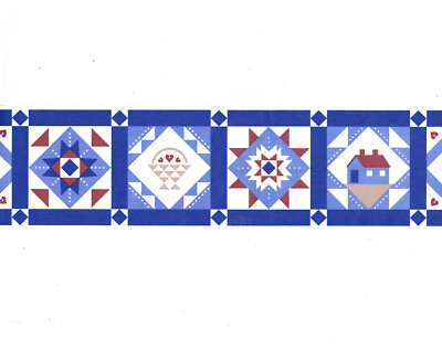 BLUE Country Quilt Patchwork Stich Heart Diamond Wallpaper Border Peel and Stick