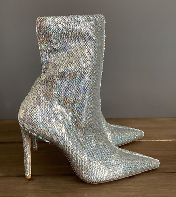 Stuart Weitzman Women's Sequin Sock Bootie Size 10.5 Silver Stretch Ultra High