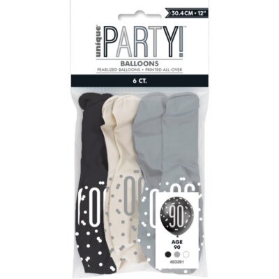6er Pack Geburtstag Glitzer schwarz, silber & weiß Zahl 90 12'' Latexballons