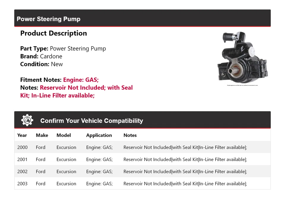 Bomba de dirección asistida de gas Cardone 2001 2002 para Ford Excursion 2000-2003 Foto 2 de 4