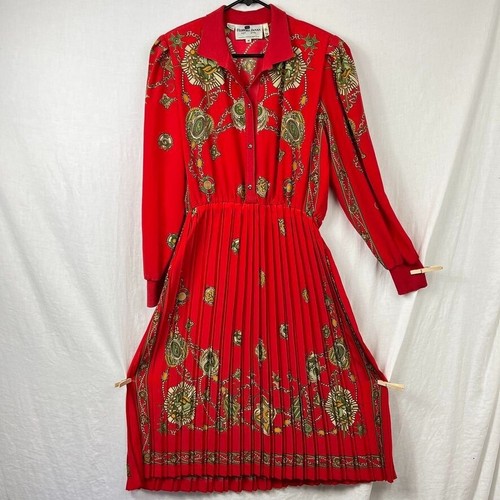 Vintage Robert Janan Chain Print Long Sleeve Pleated Dress Womens M Saks Midi