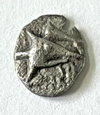 Ancient Greek Silver Coin Mysia Kyzikos 400 BC. AR Obol Head and Tail Tunny Fish