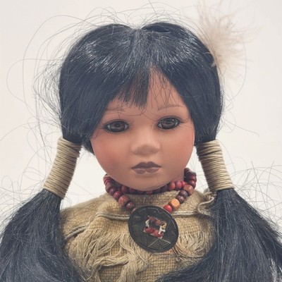 Native American Porcelain Doll Indigenous Girl Kneeling Traditional Dress 12''