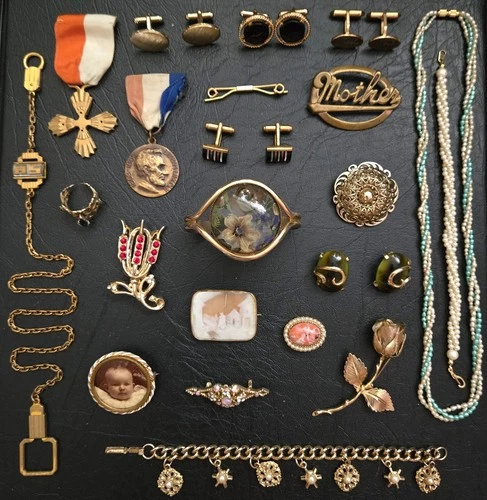 Bulk Lot VTG Estate Costume Jewelry Victorian Mourning Cameo Charm Bracelet 27pc