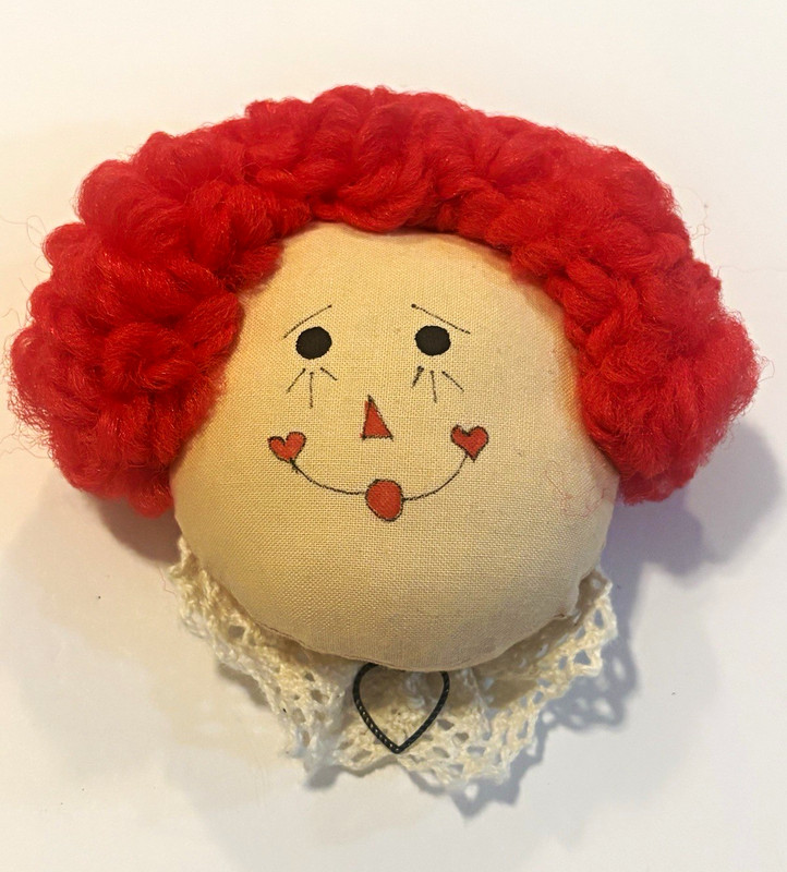 Vintage Handmade Raggedy Ann Folk Art Brooch Pin Red Yarn Hair Doll Face