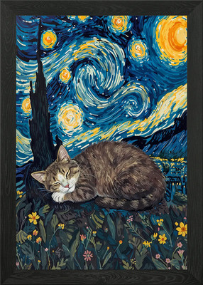 Gerahmtes Wandbild Poster Leinwanddruck Bild Katze schläft Sternenhimmel