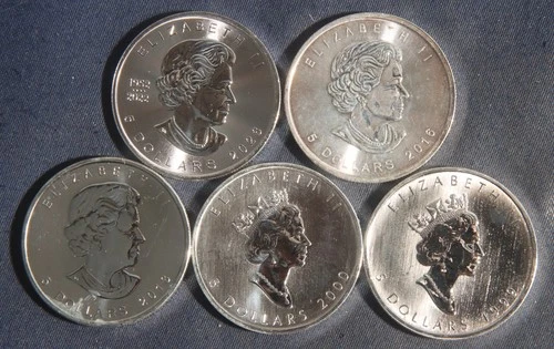FIVE (5)  1 OZ .9999 SILVER  MAPLE LEAF COINS (1999- 2023)  LOT 040914-1