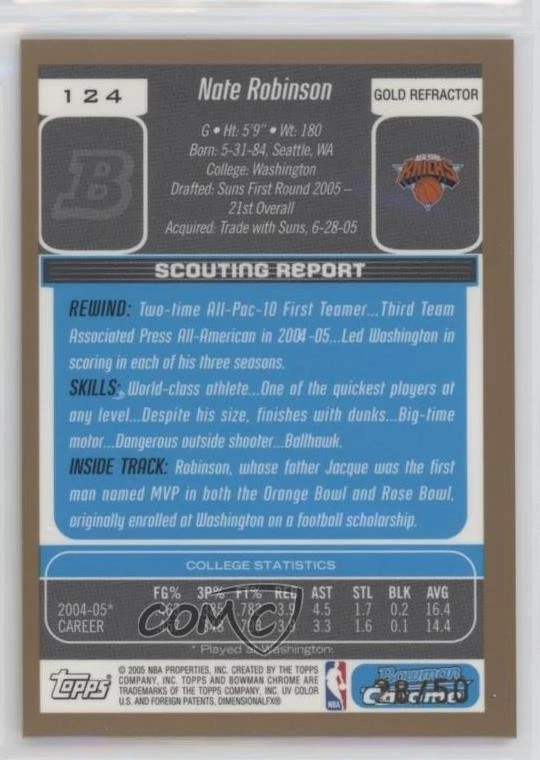 2005-06 Bowman Draft Chrome Gold Refractor /50 Nate Robinson #124 Rookie RC - Image 2 of 2