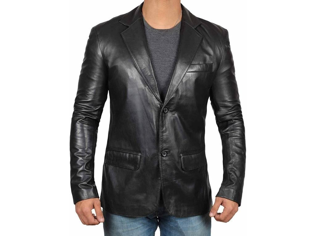 Abrigo Blazer Chaqueta Abrigo Dos Botones Negro Calce Ajustado Cuero Piel de Cordero Genuino para Hombres