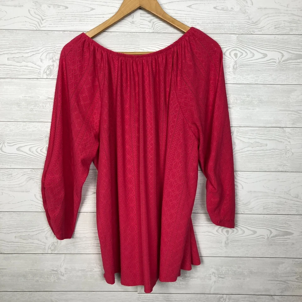 NY Collection Women's Eyelet 3/4 Sleeve Popover Shirt Scoop Neck Pink Size 3X - Image 3 of 4