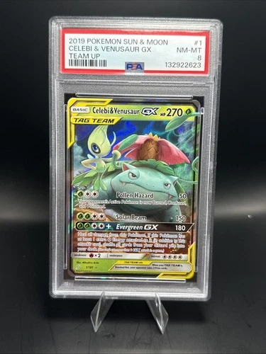 Pokémon Celebi & Venusaur GX 1/181 Sun & Moon Team Up Holo Full Art - PSA 8