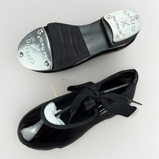 CAPEZIO 356C Shuffle Tap Shoes Black Patent Girls 8.5 WW Tele Tone