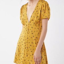 Urban Outfitters Golden Yellow Floral V Neck Jen Button Down Mini Dress XS