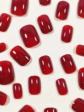24pcs Short Square Burgundy Fake Nail False Nails Press On Nails Glue On Nails