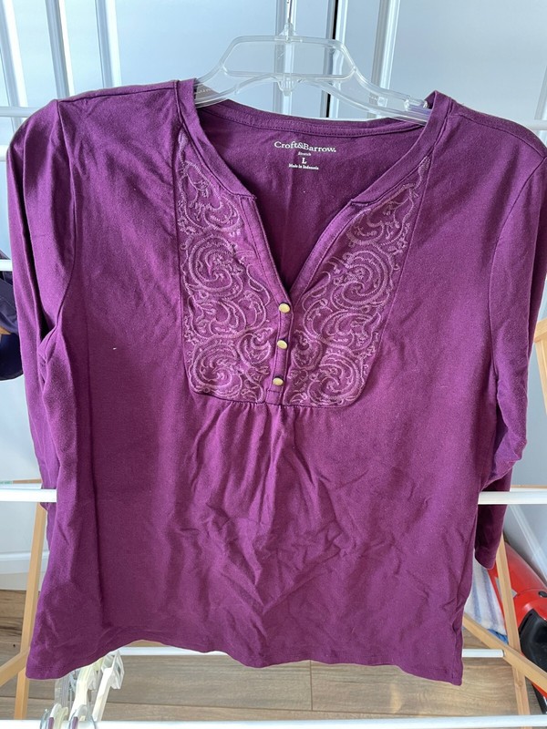 croft and barrow stretch 3/4 length sleeve purple shirt womens large