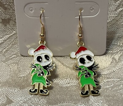 Jack Pumpkin Skeleton Boogie Nightmare Halloween Charm Gold Dangle Earring Set