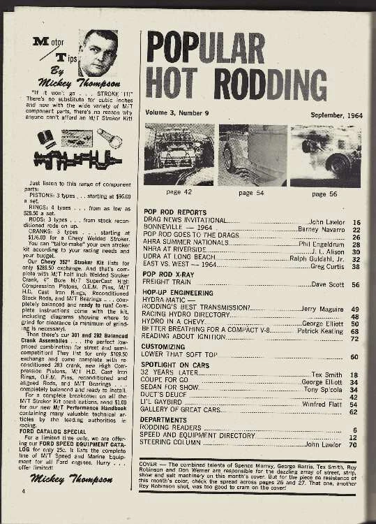 Popular Hot Rodding~9/64~Vol 3 No 9~Arfons~Garlits~Breedlove~Ongais~Landy~Nancy - Image 2 of 4