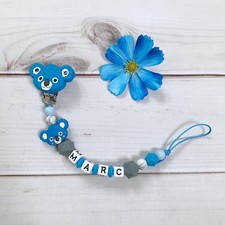 Nuckelkette Pacifier Chain Pacifier Holder with Silicone Name Grey Blue