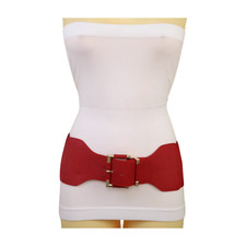 Women Red Color Elastic Wide Fashion Belt Hip High Waist Gold Square Buckle S M