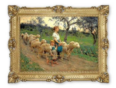 Wandbild Wunderschönes Antik 90x70cm F. P. Michetti-Hirtin mit Herde Repro Gemäl - Bild 1 von 3