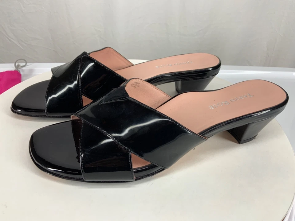 Taryn Rose - Negro, Mules de charol, punta abierta, tacón bloque, talla 9,5 M Foto 2 de 4