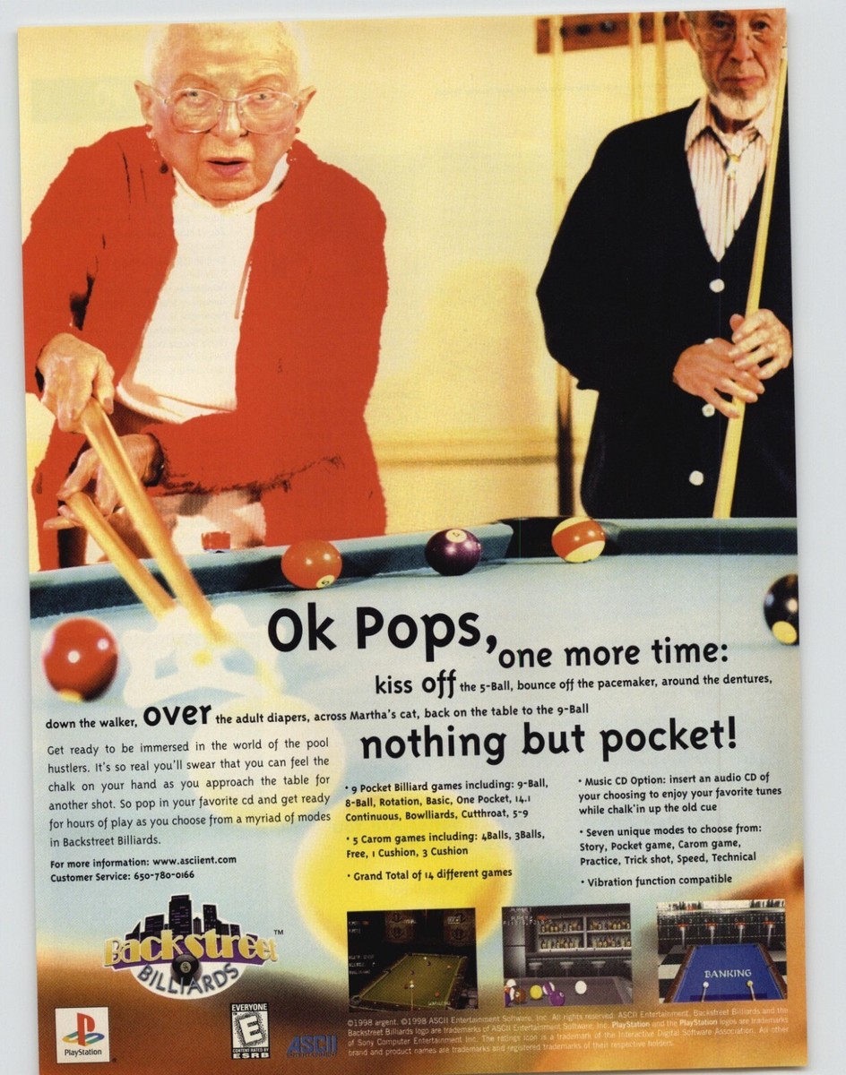 Backstreet Billiards PS1 PlayStation 1998 Vintage Print Ad/Poster 