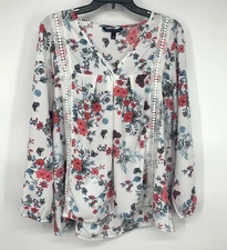 Signature Studio Top Womens Size Large White Floral Print V Neck Long Sleeve