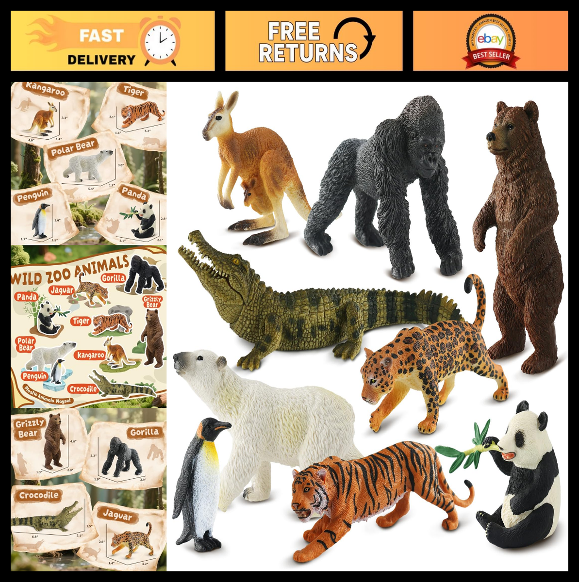 9 PCS Realistic Zoo Animal Figurines - Educational Wild Animal