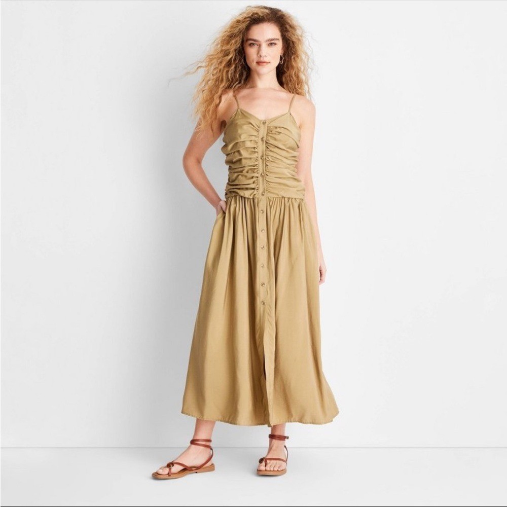 NEW Future Collective Tan Midi Dress with Ruched Detailing Size M