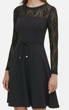 Tommy Hilfiger Women's Black Lace Long Sleeve Fit And Flare Party Dress Size 8 