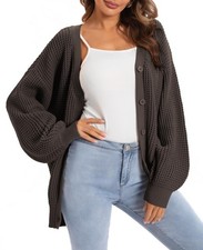 100% Cotton Oversized ButtonDown Cardigan, Women's LongSleeve Brown Small