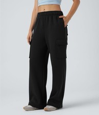 HALARA Mid Rise Fleece Cargo Wide Leg Pants in Black - Size Large 12/14 