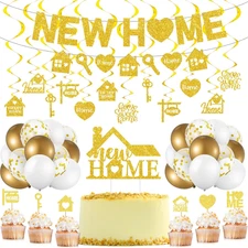 Gold Glitter New Home Party Decorations Housewarming Banner Hanging Swirls Cupca