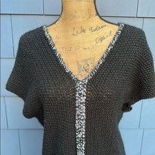Black Knit Sweater Dress with White Trim handmade tunic Vneck