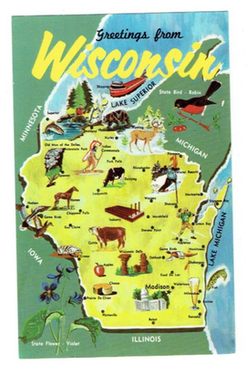 #ad #ad Greetings From Wisconsin WI Postcard State Map Historic Sites Unposted $3.99