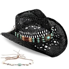 Straw Cowboy Hat with Two Decorative Bands for Men Women - Woven Sun