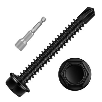 50 PCS Black #14x2 Inch 410 SS Flanged Hex Washer Head Self Drilling Screw