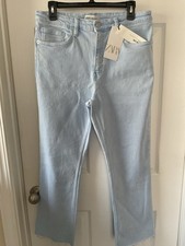 ZARA Flared Crop Light Blue Denim Jeans Button Raw Hem Zip Pockets Women Size12