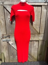 NEW ZARA RED MIDI BODYCON SHORT SLEEVE STRETCH DRESS -SMALL UK6/8 -CUT OUT FRONT