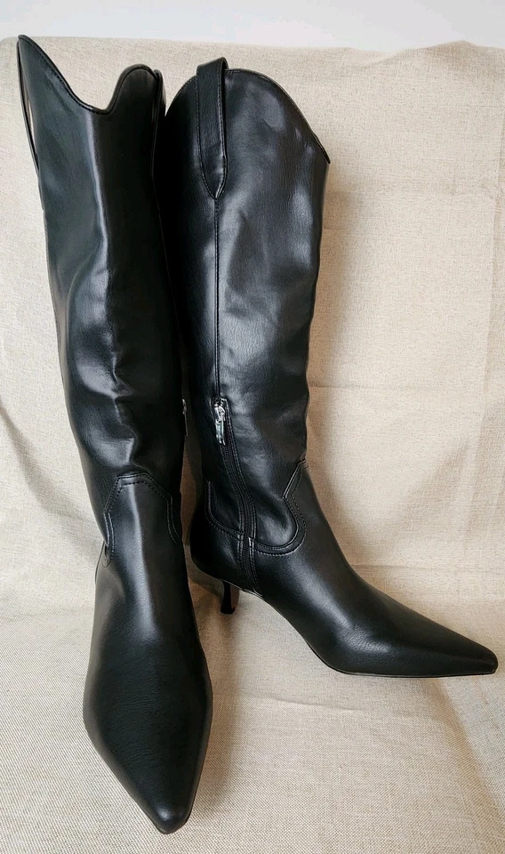 Steven Steve Madden Britt Black Knee‑High Kitten Heel Boots 8.5 Western Witchy - Image 2 of 4