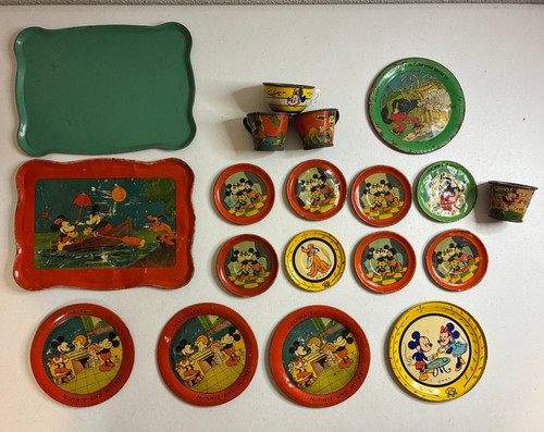 Vintage "HELPMATES" Mickey Mouse & Minnie Big Bad Wolf Tin Tea Set Plates Cups