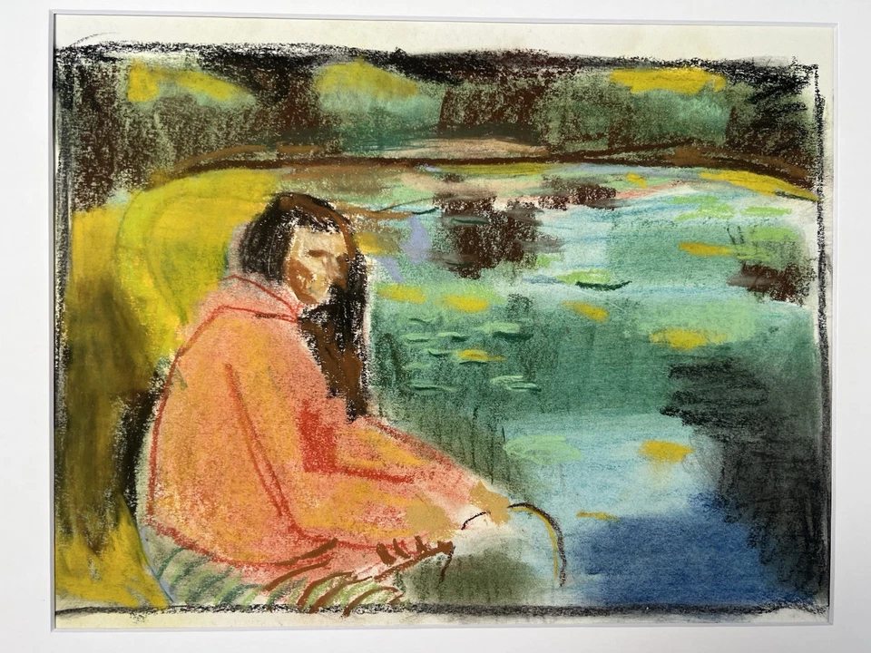 "Dibujo pastel original - Mujer de rojo junto a un lago - Estilo impresionista 16x20""" Foto 2 de 4