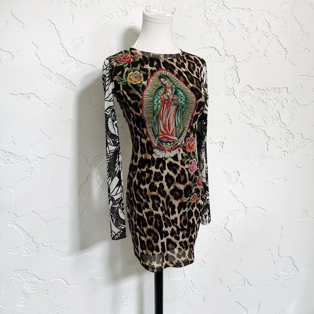 Ed Hardy Virgin Mary Leopard Mesh Dress XS Y2K Tattoo Bodycon NWT | eBay
