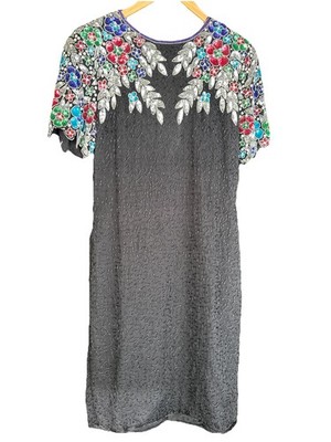 vtg Stenay black beaded Dress 80s Formal Evening Wear Silk Sequin Multicolor Sz8
