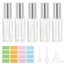 5 Pcs 10ml Travel Perfume Bottle with 3 Pcs Refill Tool, Labels, Clear/Silver
