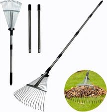 Adjustable Metal Leaf Rake with Folding Head for Lawns and Gardens