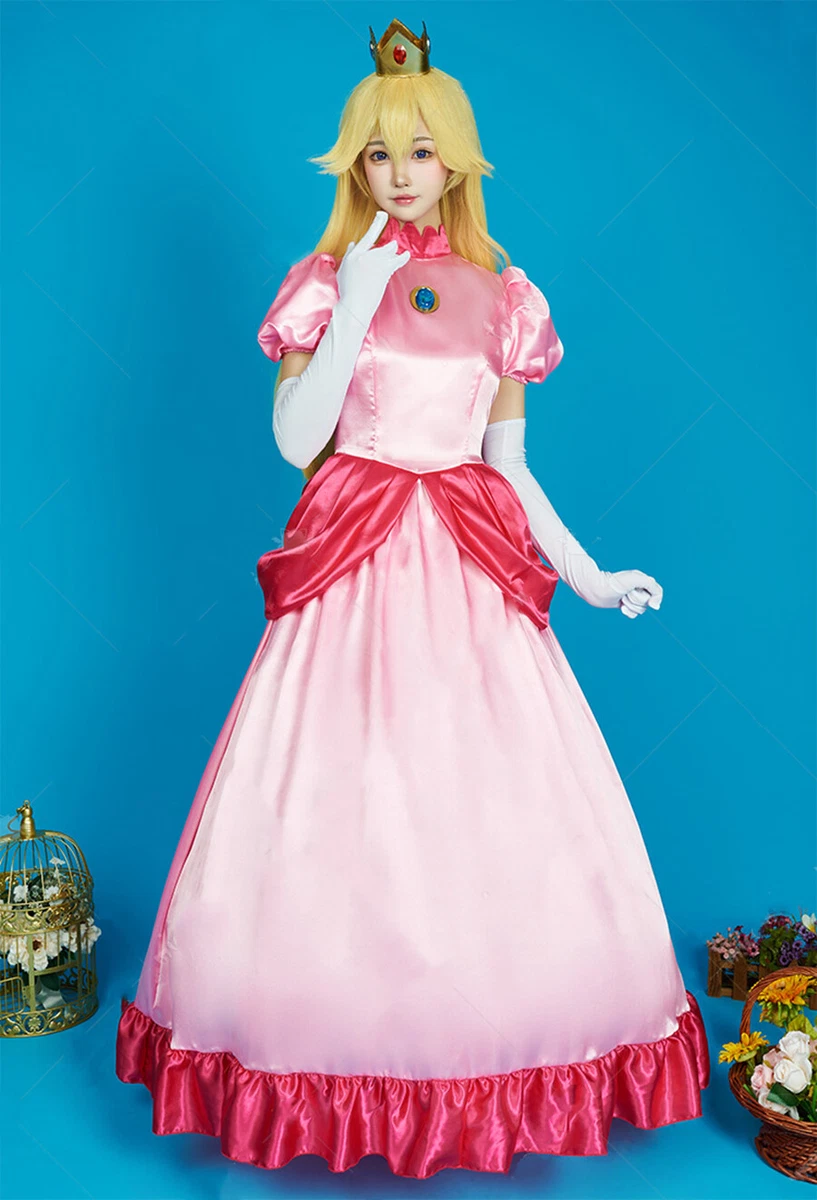 Women Princess Cosplay Costume Pink Peach Dress with Crown Underskirt and  Gloves