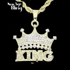 Iced Crown Cubic Zirconia King Pendant 24" Rope Chain 14k Gold Plated Hip Hop 