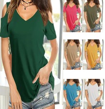 WOMENS CASUAL COLD CUT OUT SHOULDER T-SHIRT V NECK SHORT SLEEVE BLOUSE TOP