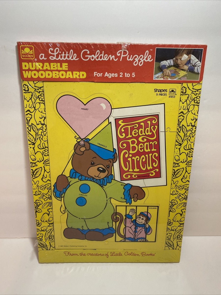 NEW TEDDY BEAR Circus Shapes Golden Wood 9 Piece Puzzle VTG